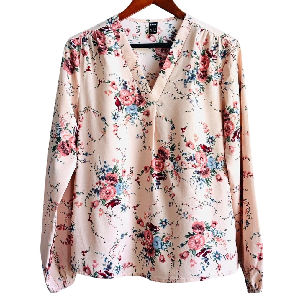 SHEIN V-Neck Blouse Long Sleeved Pink Floral GrannyCore Women's Medium